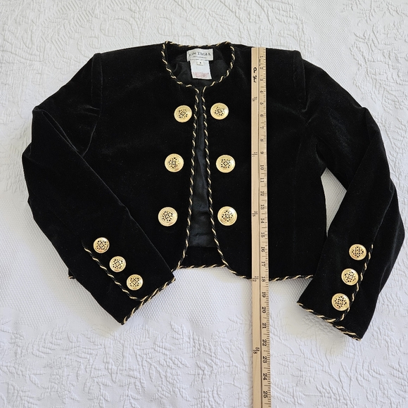 90s blazer jacket Jon Tagia black velvet gold trim buttons cropped Union made 4 - Picture 6 of 10